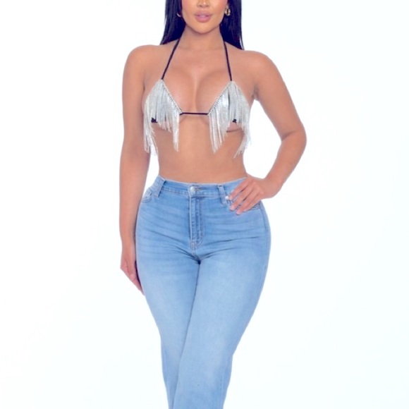 Dazzling Rhinestone Embellished Black Triangle Cascading Bikini Top Bustier - Picture 5 of 5